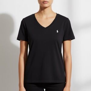 Ralph Lauren Womens Black V Neck 100% Cotton T-shirt Preppy Slim Fit Size XL